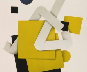 a piece of art that is yellow and black